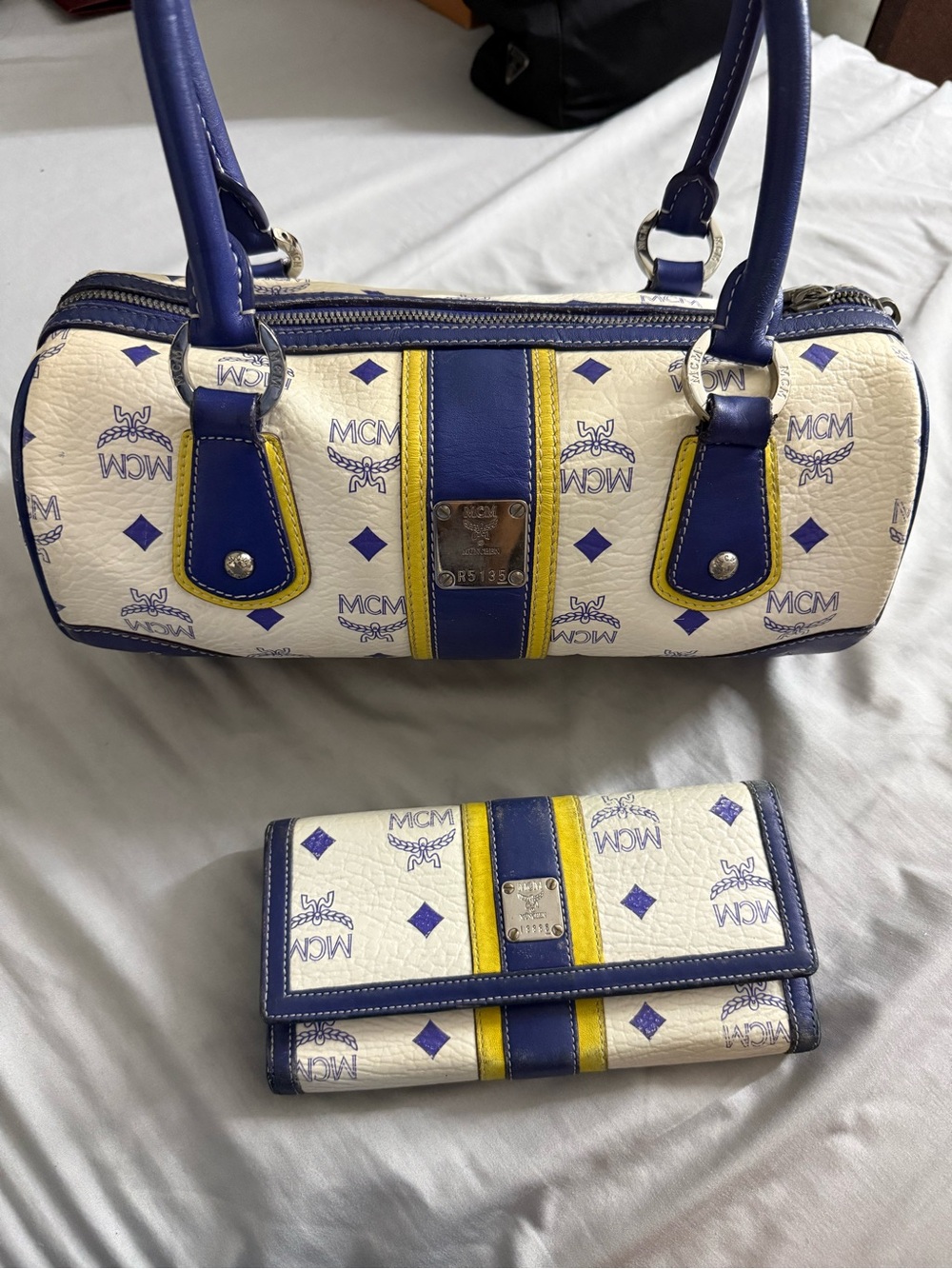 MCM White, Blue & Yellow mini Monogram Boston Bag with Matching Wallet